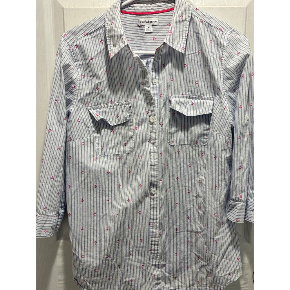 Croft & Barrow Womens Medium Blue White Striped Red Anchor Button Down Shirt M